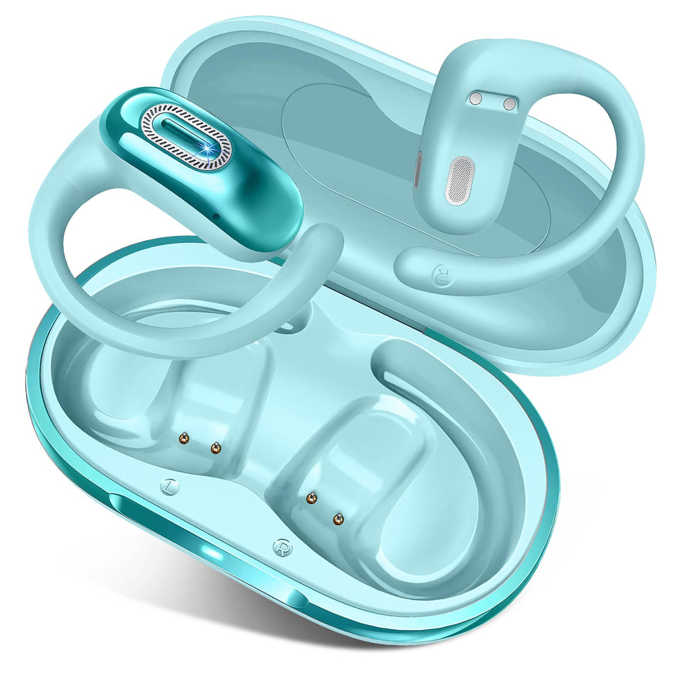 Qecnato open-ear headphones in blue angle view, designed for all-day comfort during workouts.