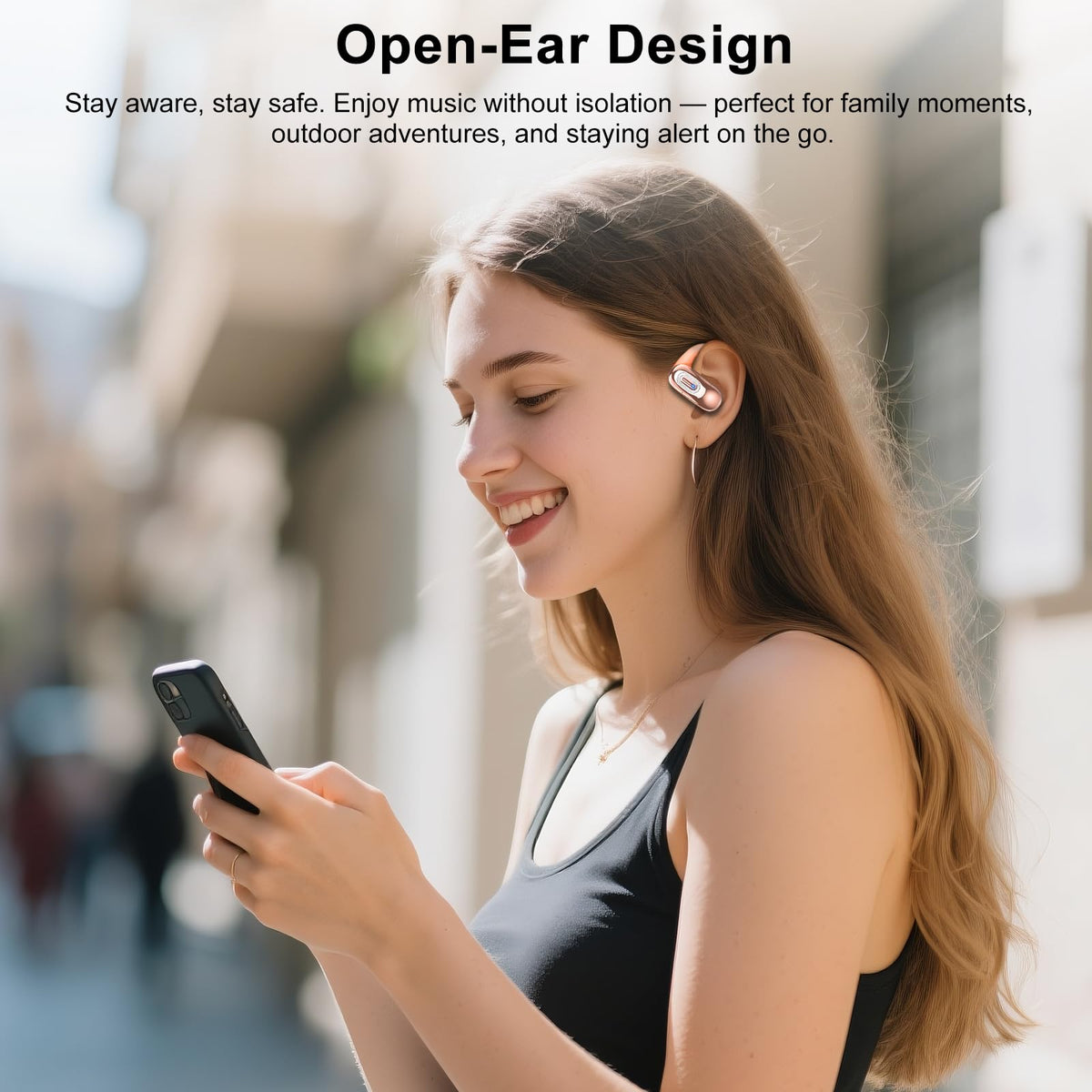Qecnato OWS open-ear headphones with charging case showcasing long battery life.