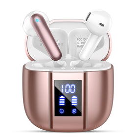 Qecnato wireless earbuds with LED display showing battery status for quick checks.
