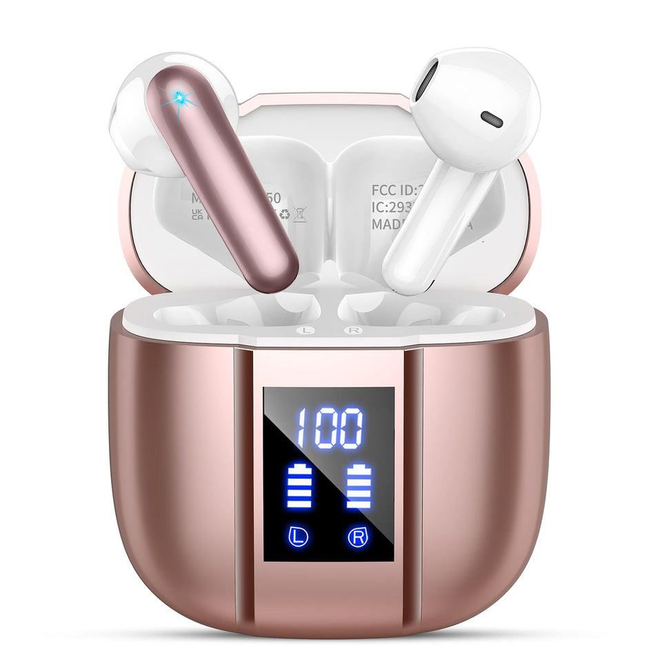 Qecnato wireless earbuds with LED display showing battery status for quick checks.