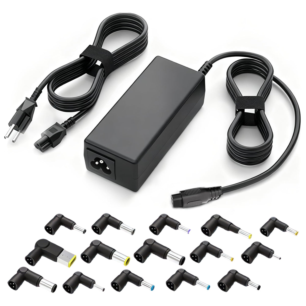 QFA universal laptop charger front view for easy desk use and portability