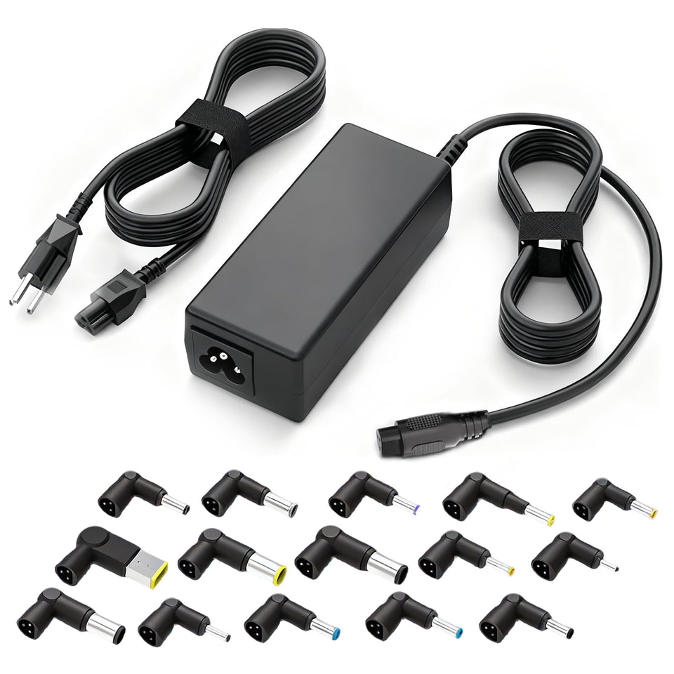 QFA universal laptop charger front view for easy desk use and portability