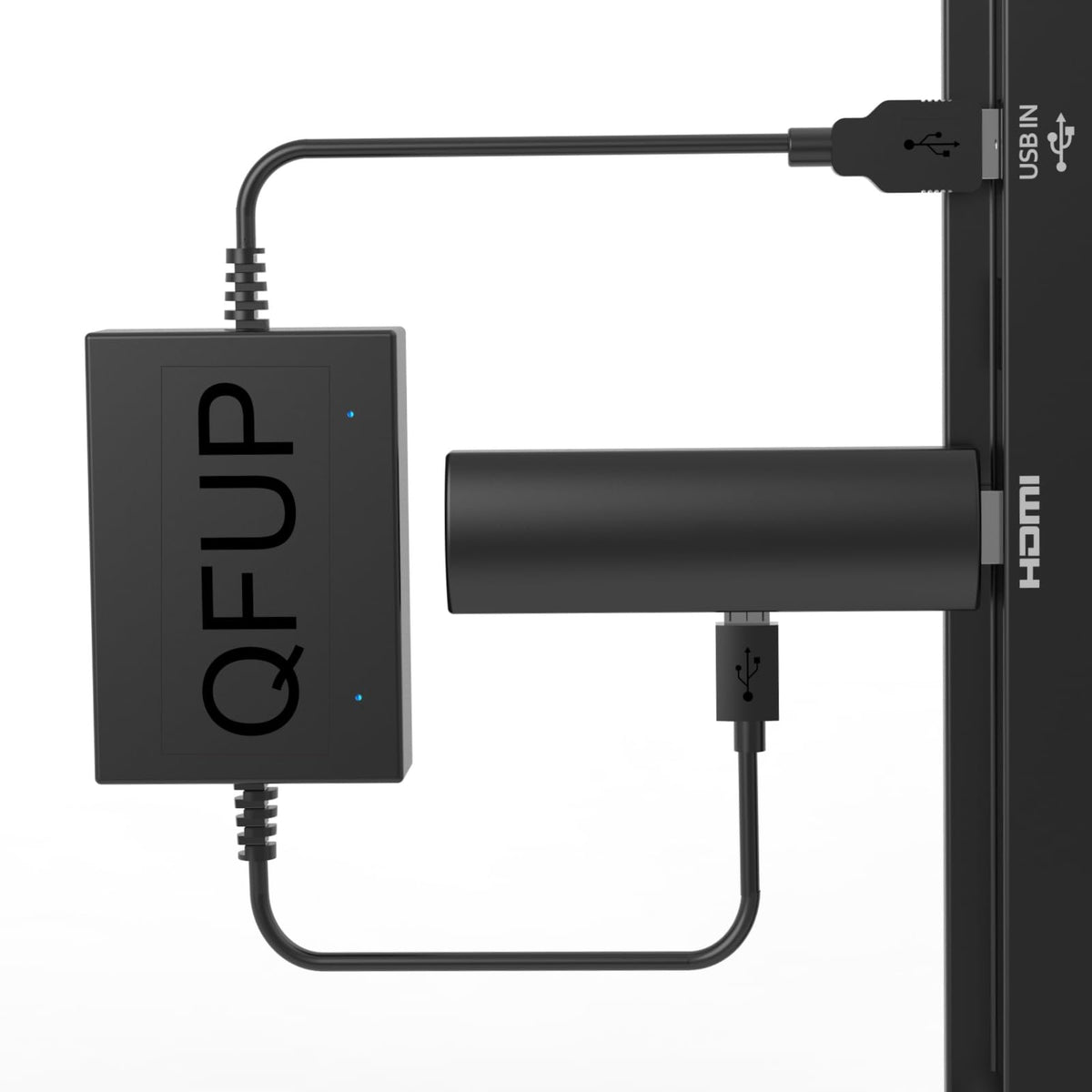 QFUP front view showing compact power stabilizer and packaging benefit tidy setup
