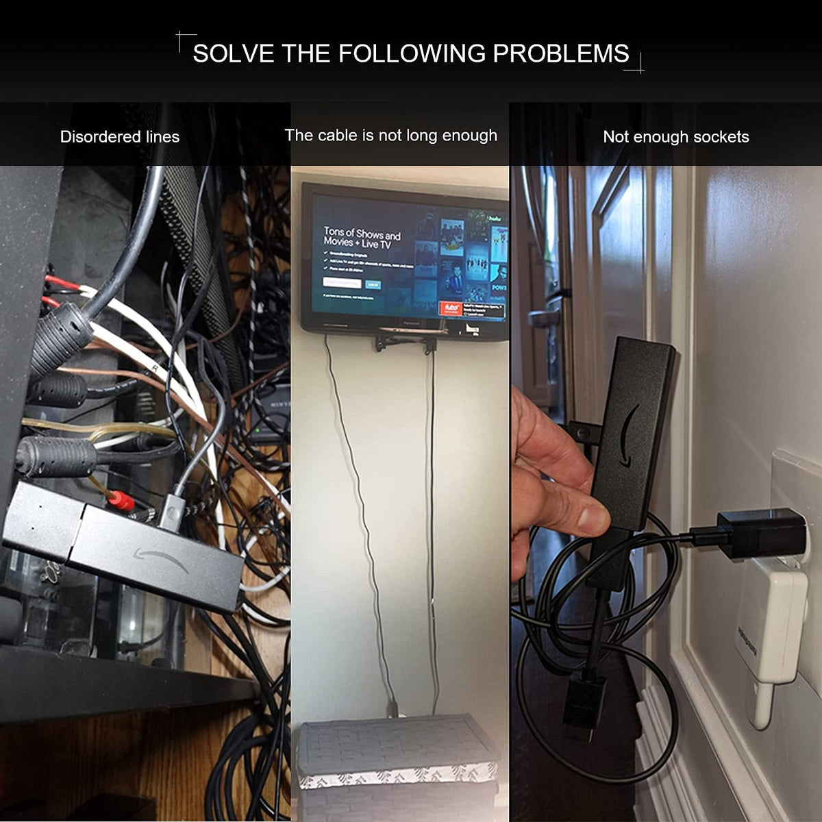 QFUP powering Fire TV Stick behind TV demonstrating clutter-free installation benefit