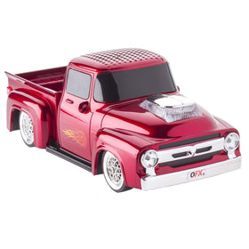 QFX BT-1956 pickup-front view with retro red finish highlights portable, nostalgic sound