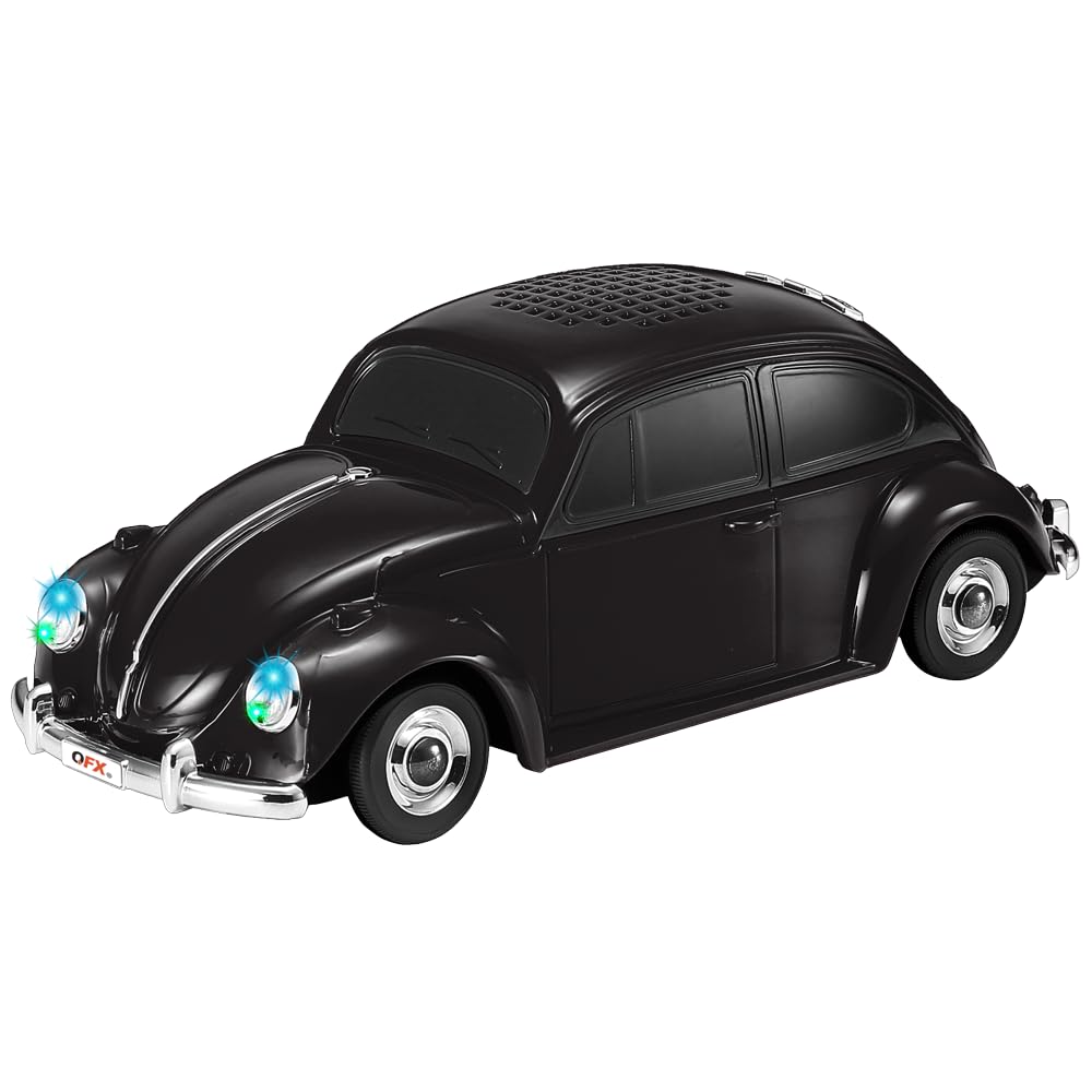 QFX BT-1960-BLK retro car speaker front view with dual 3-inch speakers for immersive retro sound