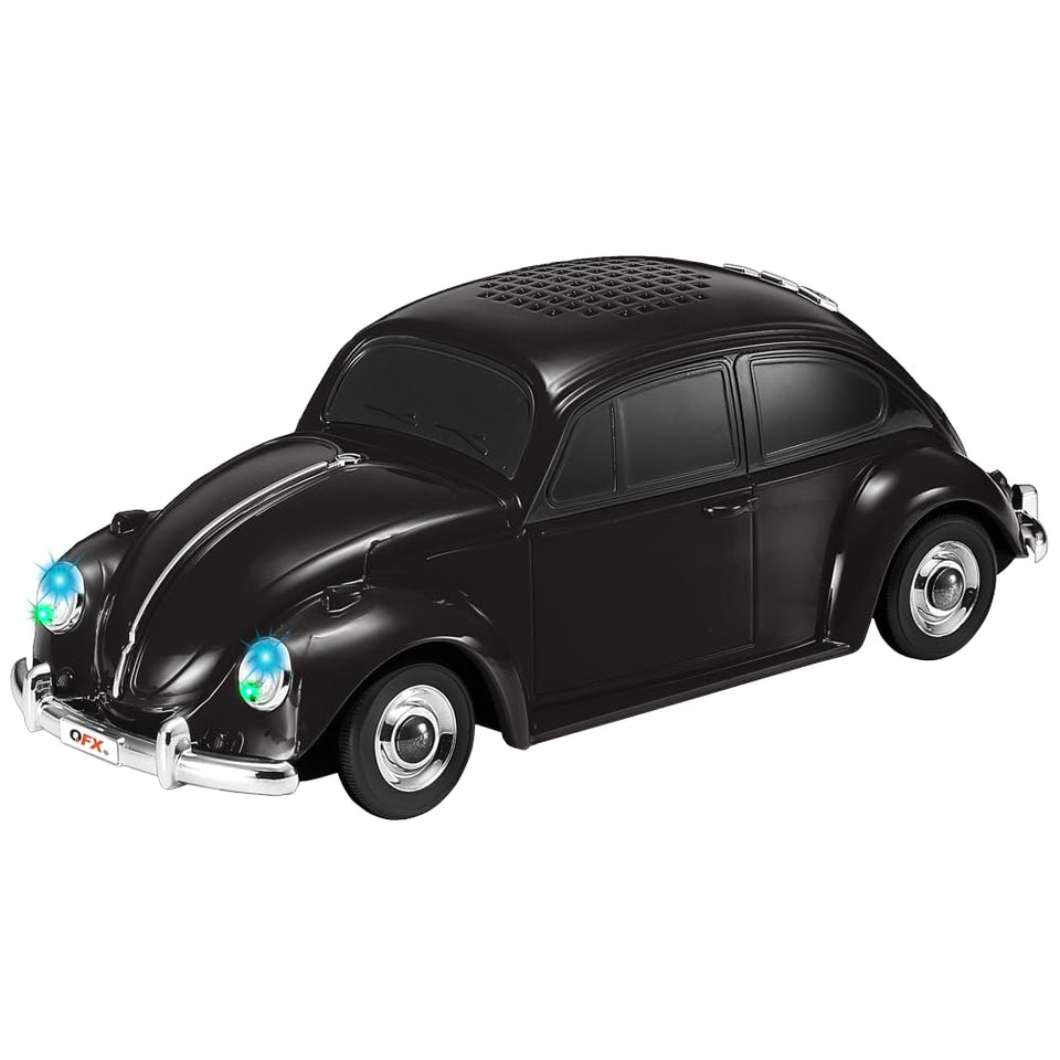 QFX BT-1960-BLK retro car speaker front view with dual 3-inch speakers for immersive retro sound