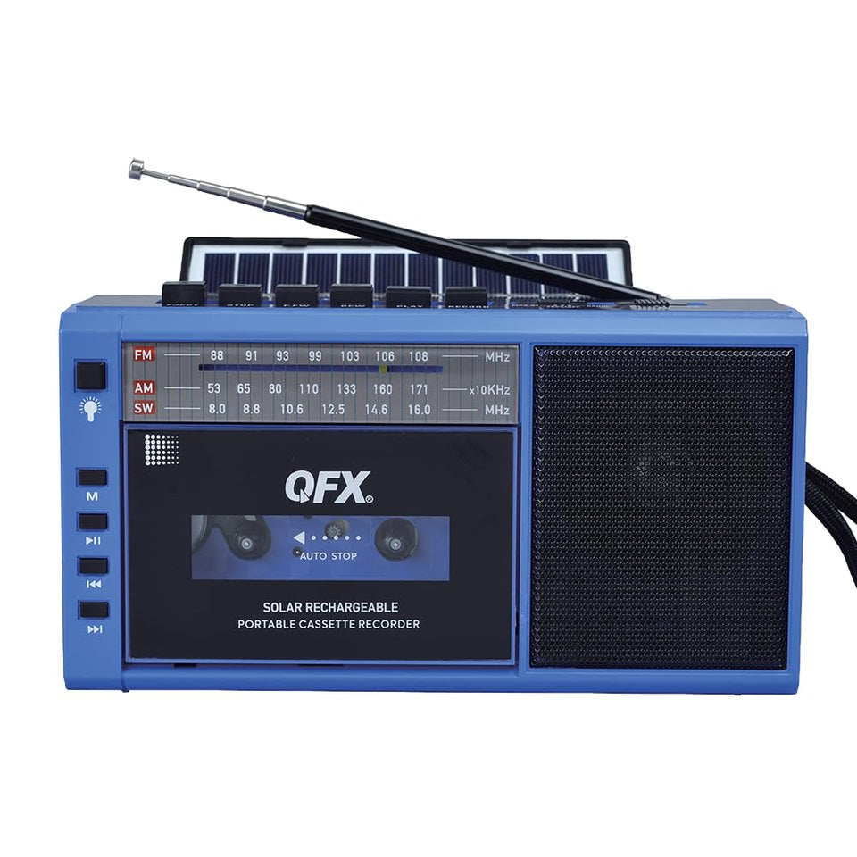 QFX front view of blue boombox showing cassette slot and speaker for nostalgic playback