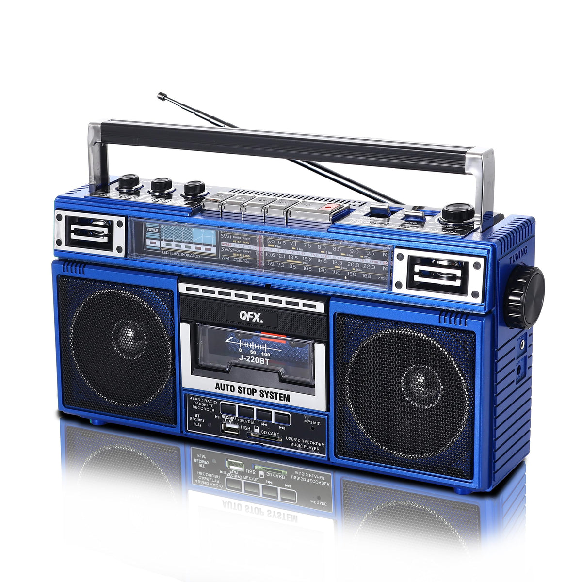 QFX cassette deck close-up demonstrating tape playback and recording benefit