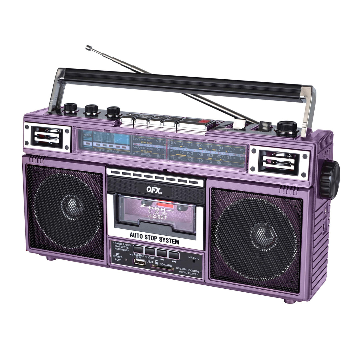 QFX cassette deck close-up showing tape loading and record/play functions for archiving