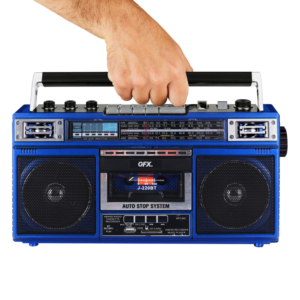 QFX three-band equalizer controls for quick tone adjustments and balanced sound