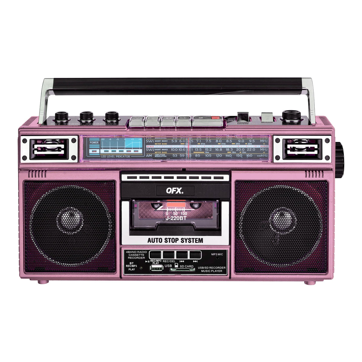 QFX J-220BT front view pink showing cassette door and speakers for retro playback