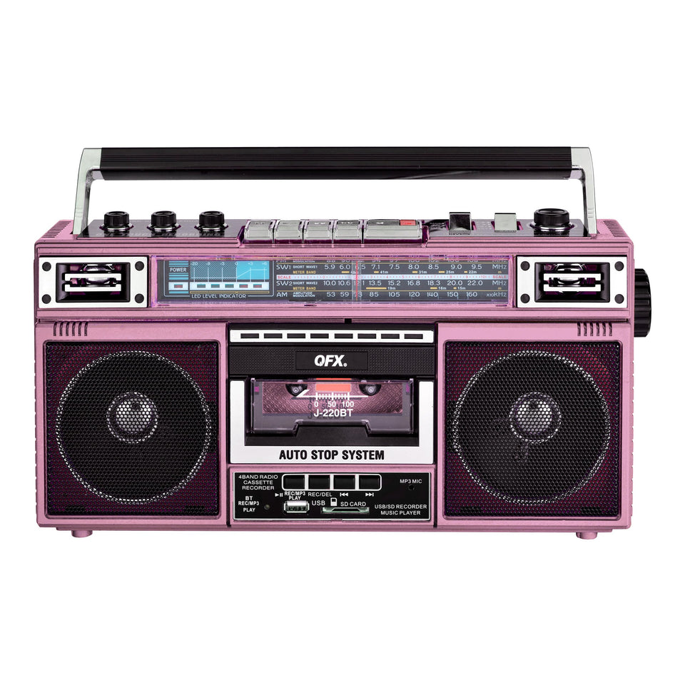 QFX J-220BT front view pink showing cassette door and speakers for retro playback