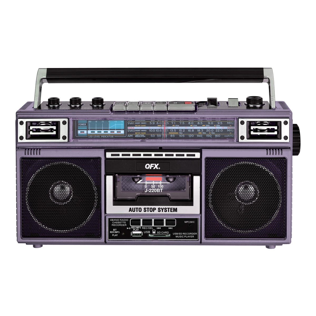 QFX boombox front view showing purple finish and portable handle, perfect for parties
