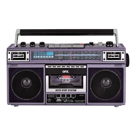 QFX boombox front view showing purple finish and portable handle, perfect for parties