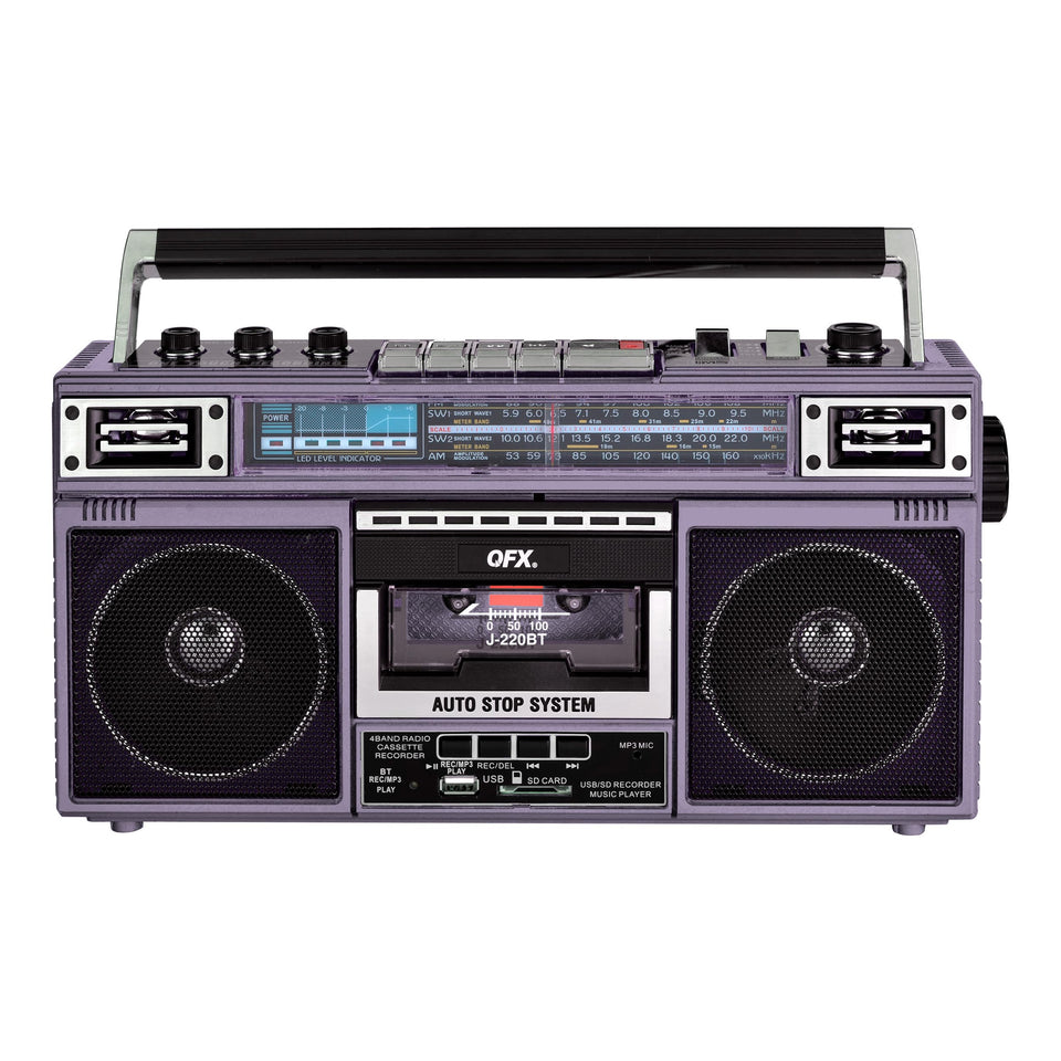QFX boombox front view showing purple finish and portable handle, perfect for parties