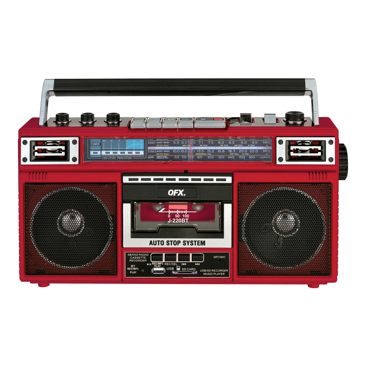 QFX J-220BT front view showing cassette, speakers, and radio for portable playback