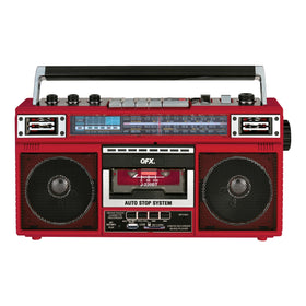 QFX J-220BT front view showing cassette, speakers, and radio for portable playback