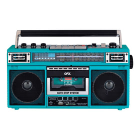 QFX front view showing boombox controls and cassette door for easy playback