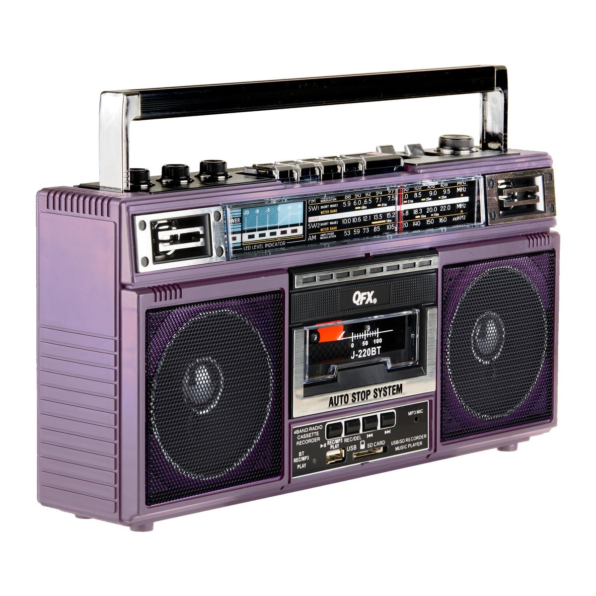 QFX dual speaker grille texture showing drivers for balanced stereo sound