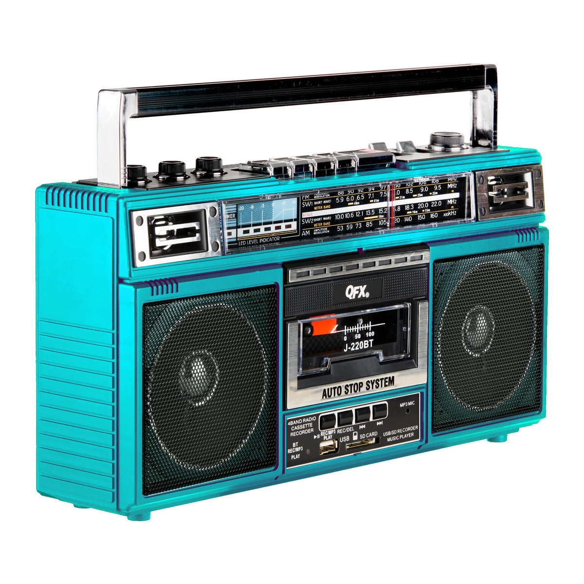 QFX speaker grille detail highlighting dual 3-inch speakers for clear sound