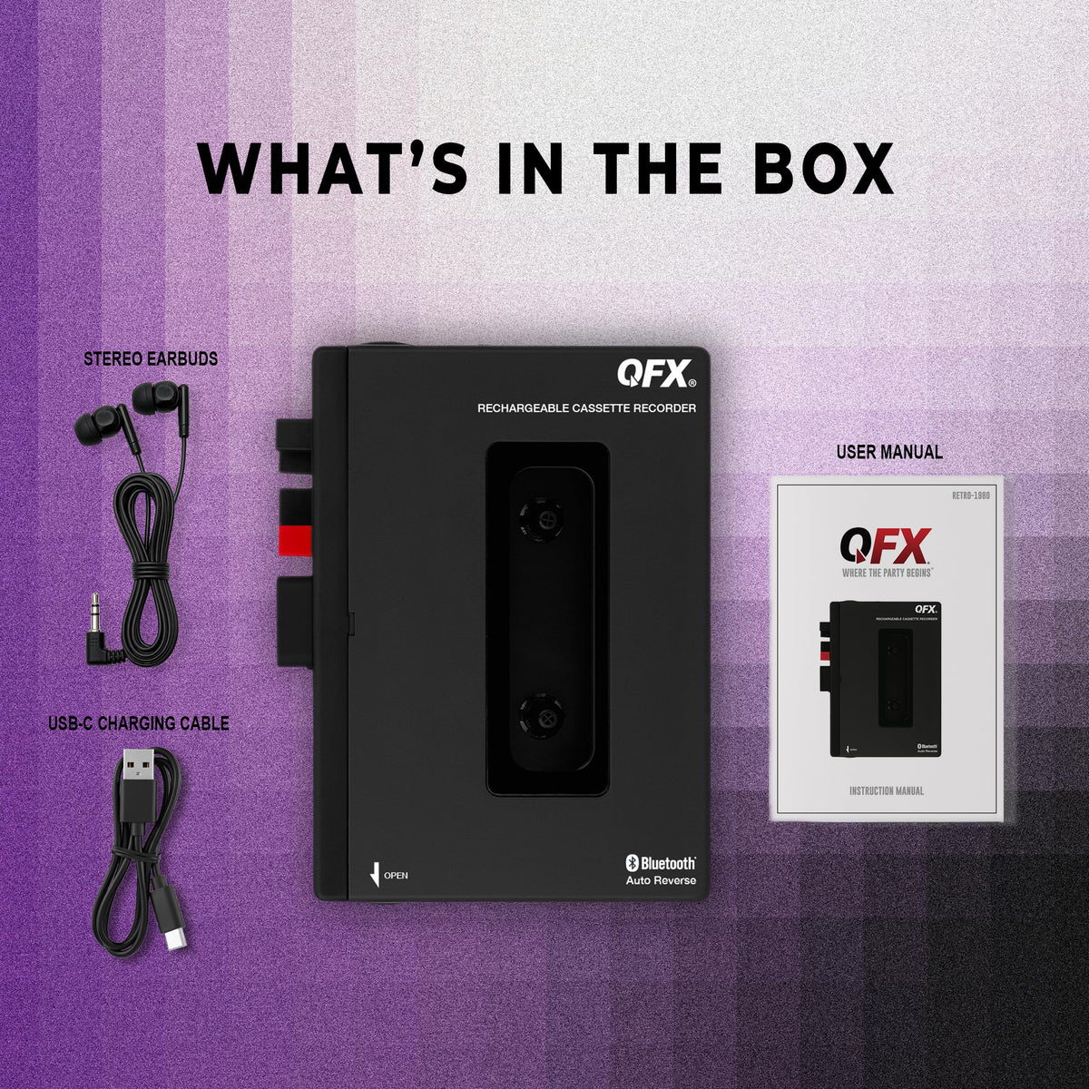 QFX RETRO-1980 with included stereo earbuds showing private listening option