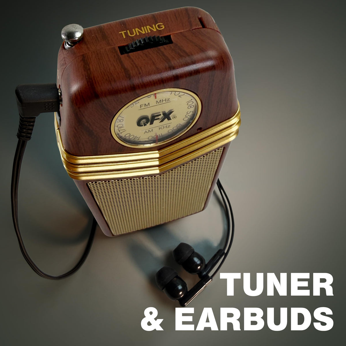 QFX Retro1958 analog dial emphasizes hands-on station hunting and control.