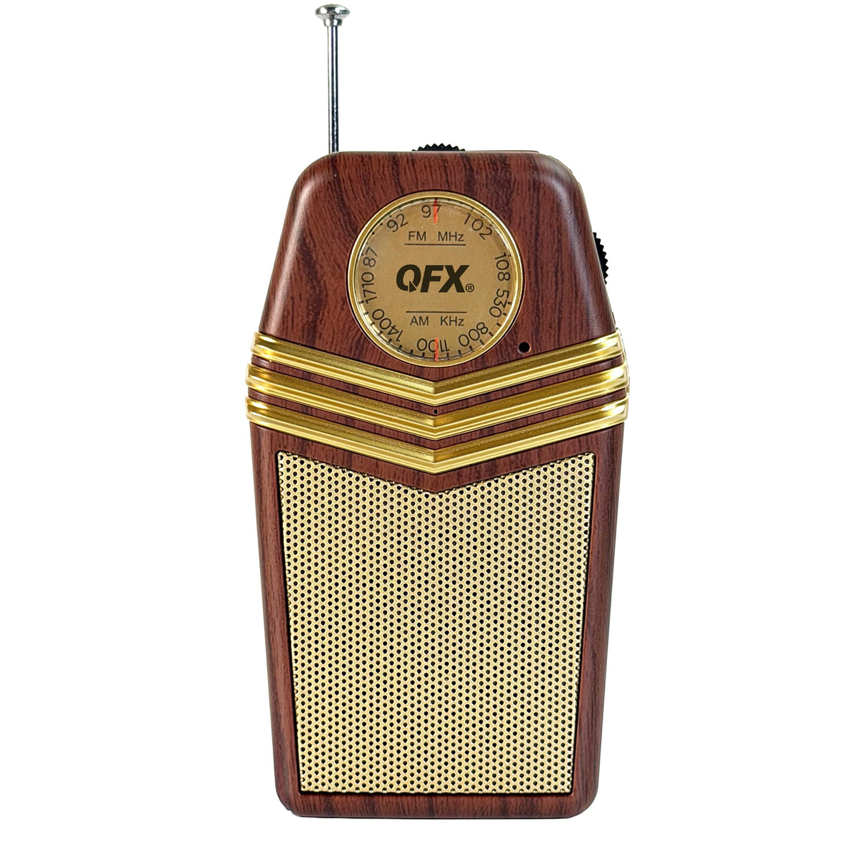 QFX Retro1958 wood front view highlights timeless design for portable listening.