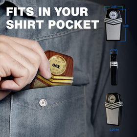 QFX Retro1958 wood side view shows compact, pocket-friendly portability.