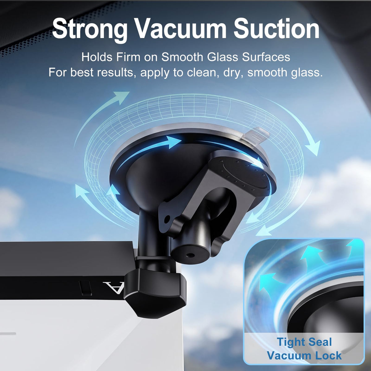 Qi propitious mount attached to a sunroof showing quick install and unobstructed sky view