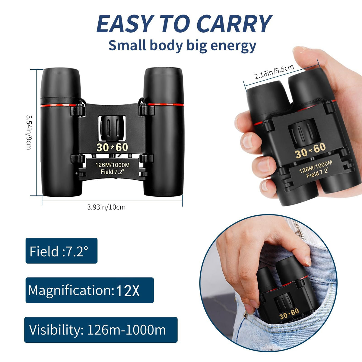 QICBIUD binoculars with wide-field view for distant detail at 126m/1000m