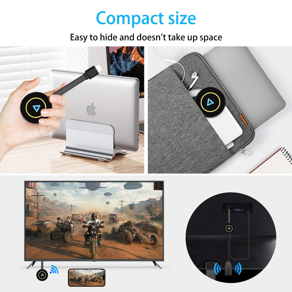 QIDUHUQI dongle connected to TV screen demonstrating big-screen mirroring benefit