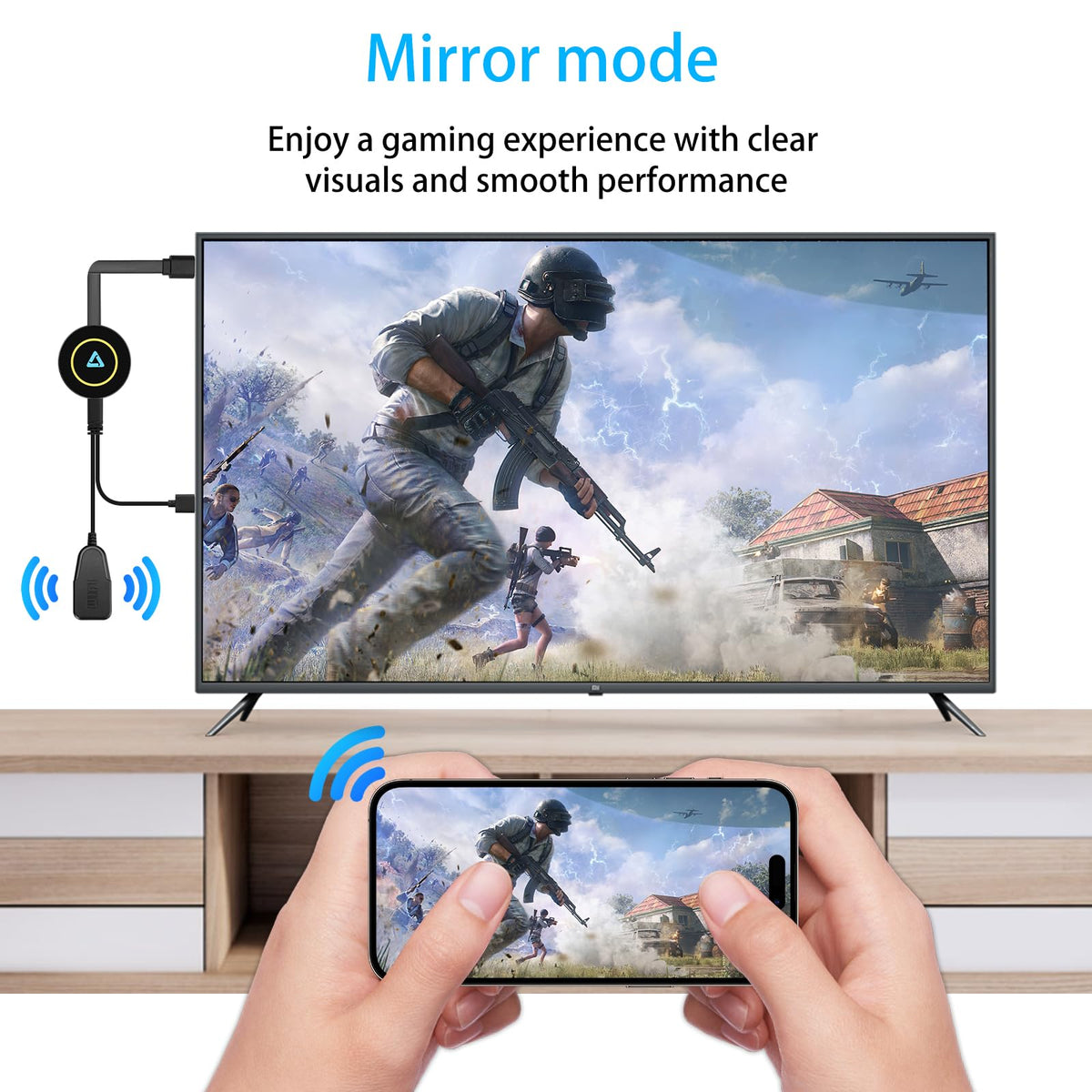 QIDUHUQI dongle HDMI plug detail highlighting secure connection and stable signal
