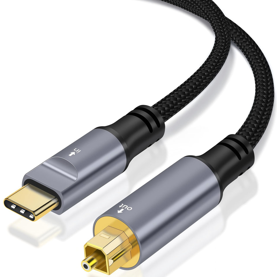 QIMIAOUS USB C to Toslink cable connector delivering lossless digital audio to soundbars.