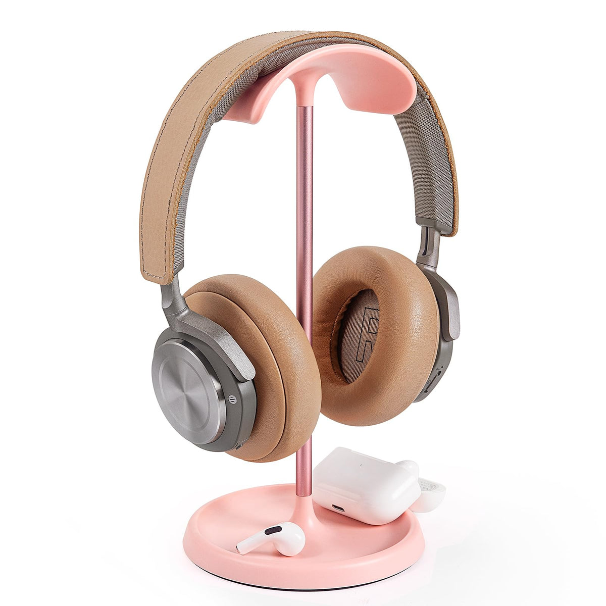 QinCoon curved headphone stand pink, front view, neatly displaying a headset.