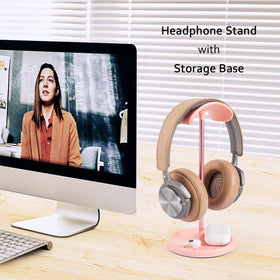 QinCoon pink curved stand with storage tray, top view for small items.
