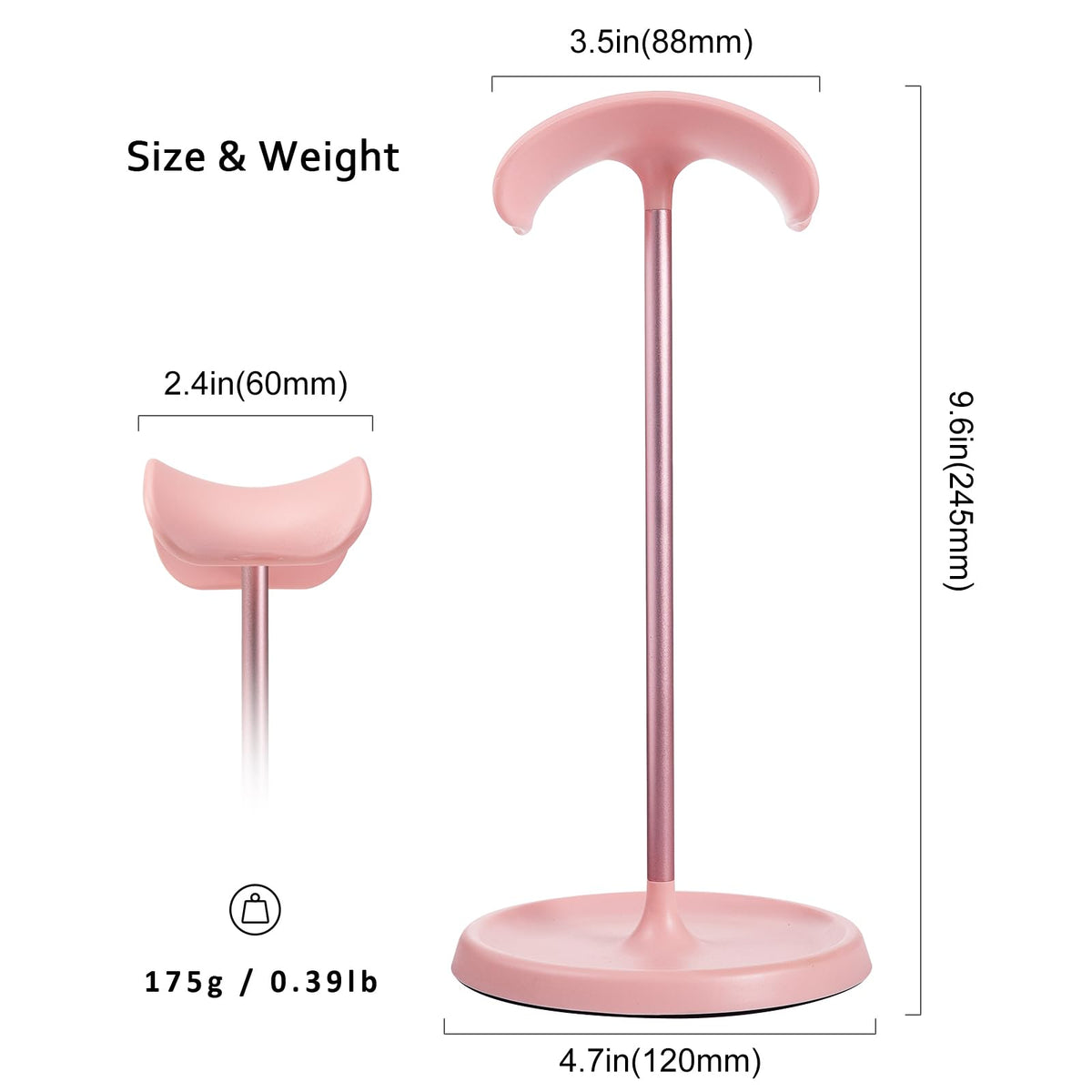QinCoon pink headphone stand on desk, helps tidy and organize gear.