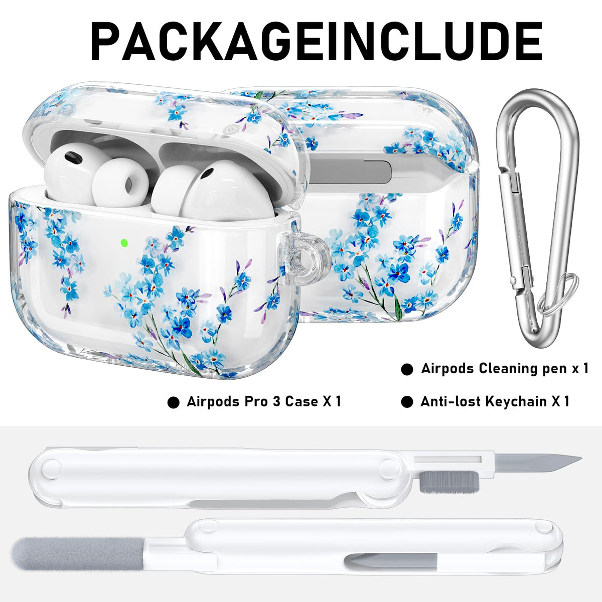 QINGQING AirPods Pro 3 case cleaner-pen included for easy dirt removal.