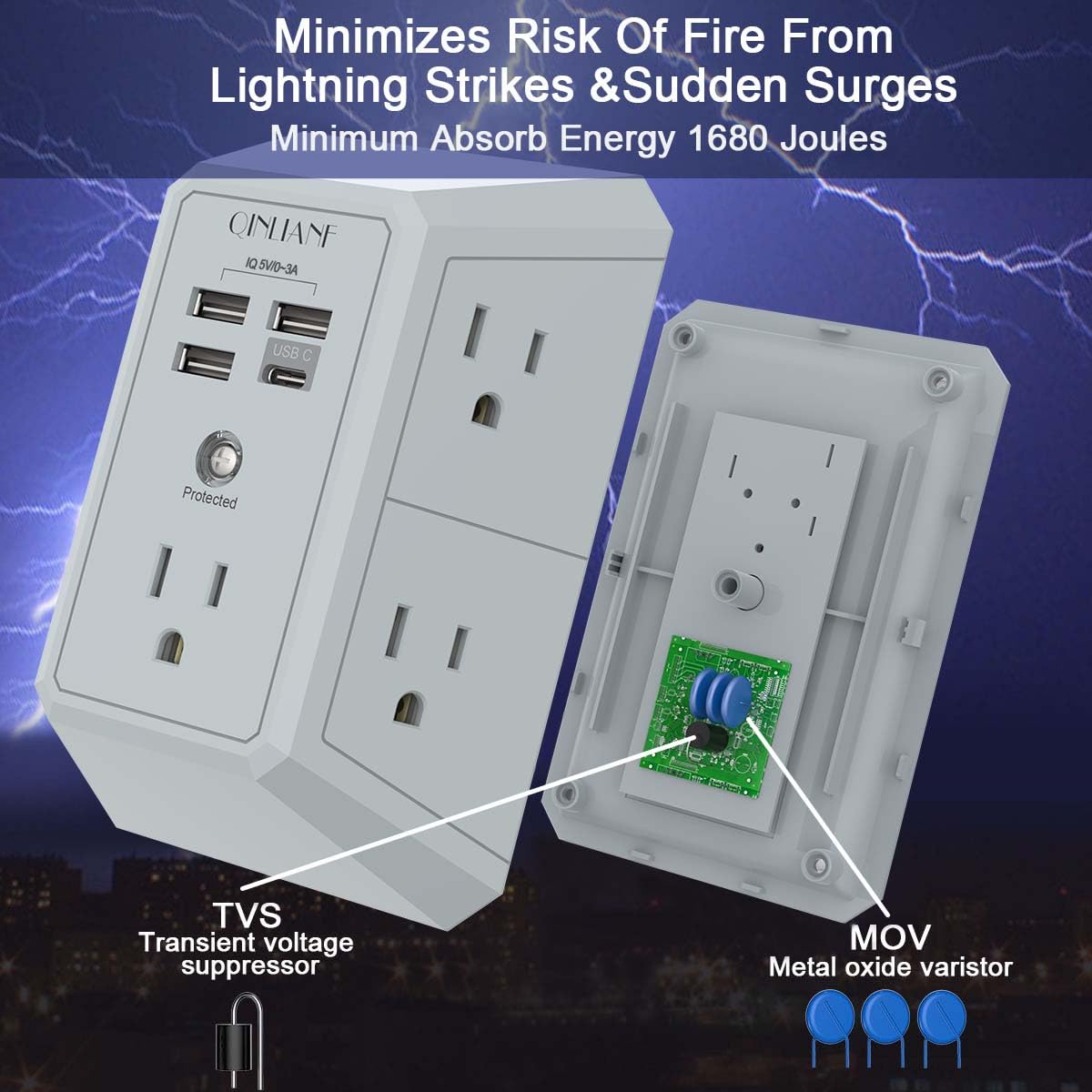 QINLIANF ETL-certified power strip for safe home or office use
