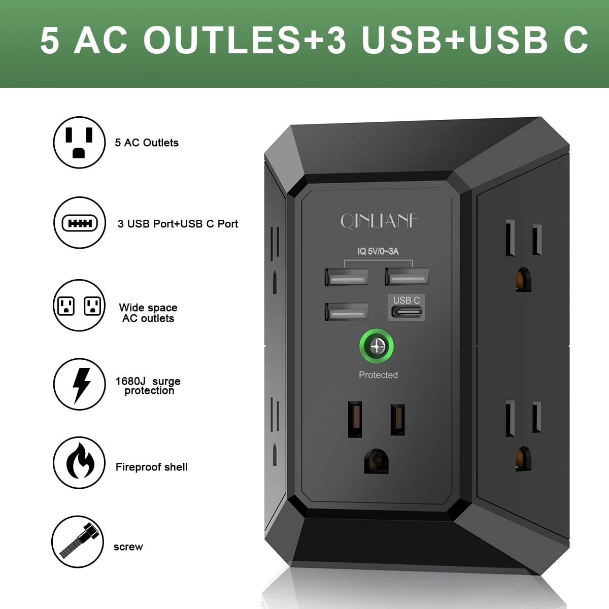 QINLIANF five-outlet three-sided spaced design provides easy access for multiple devices.