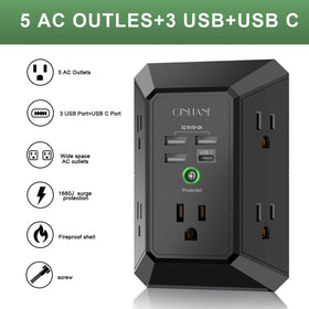 QINLIANF five-outlet three-sided spaced design provides easy access for multiple devices.