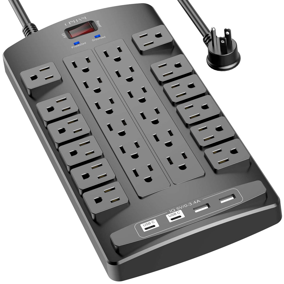 QINLIANF front view showing 24 outlets and 4 USB ports for maximum device connectivity
