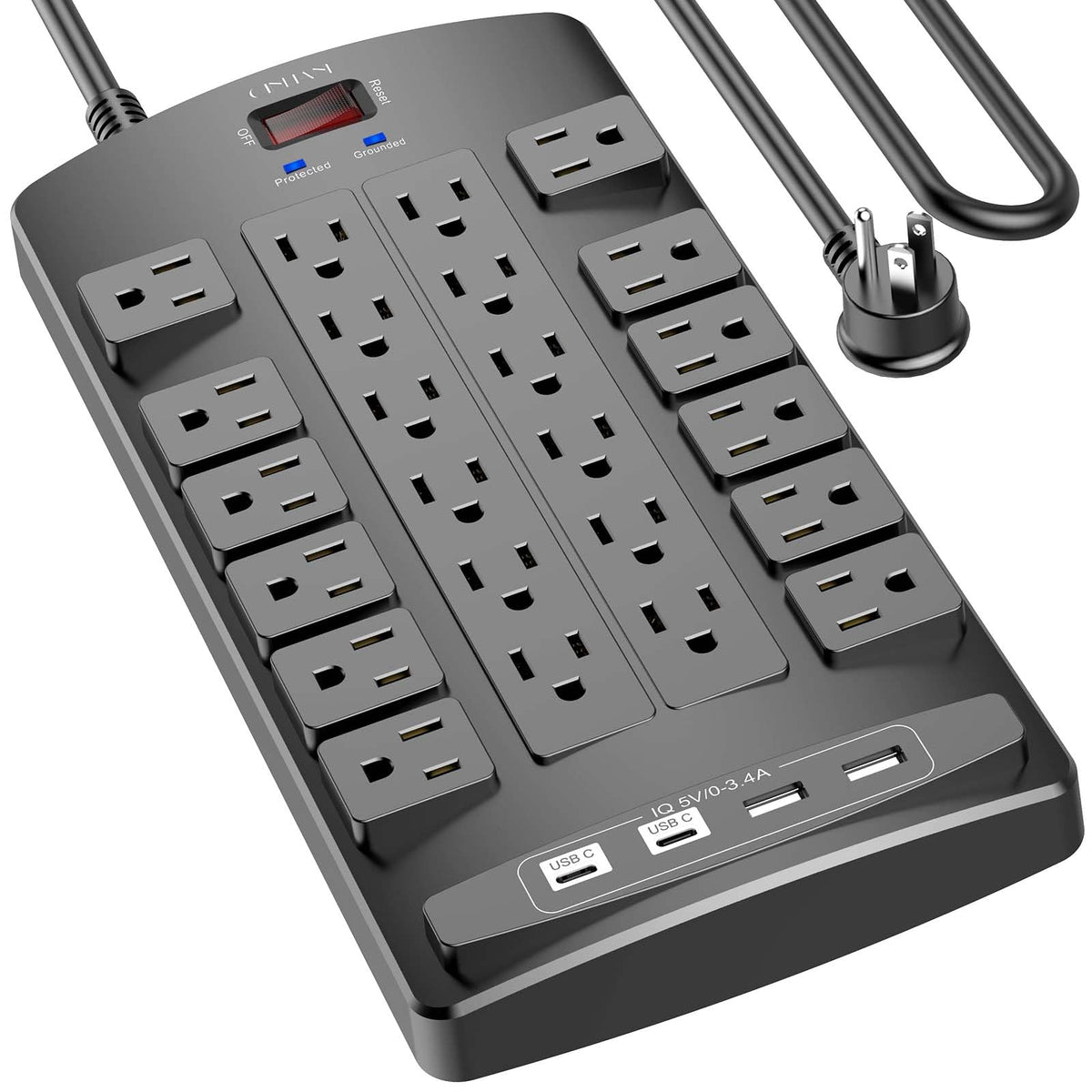 QINLIANF front view showing 24 outlets and 4 USB ports for many devices