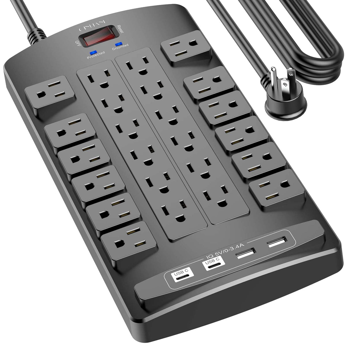 QINLIANF front view showing 24 outlets and tidy layout for many devices