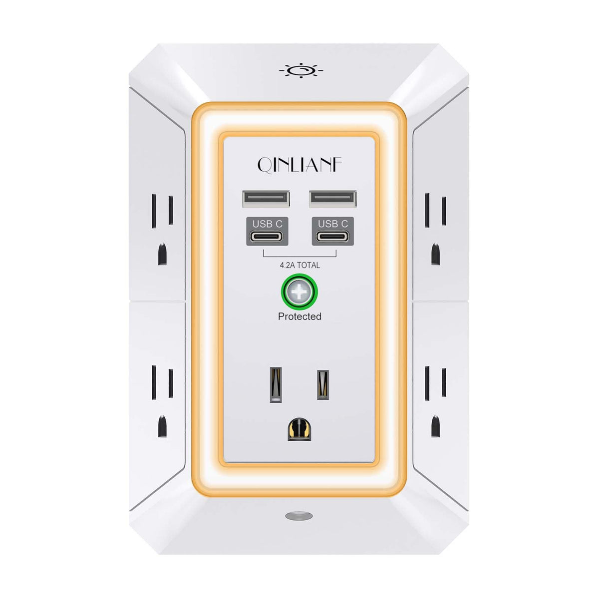 QINLIANF front view showing five outlets and four USB ports for clutter-free charging