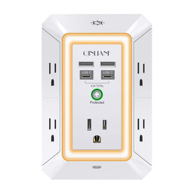 QINLIANF front view showing five outlets and four USB ports for clutter-free charging