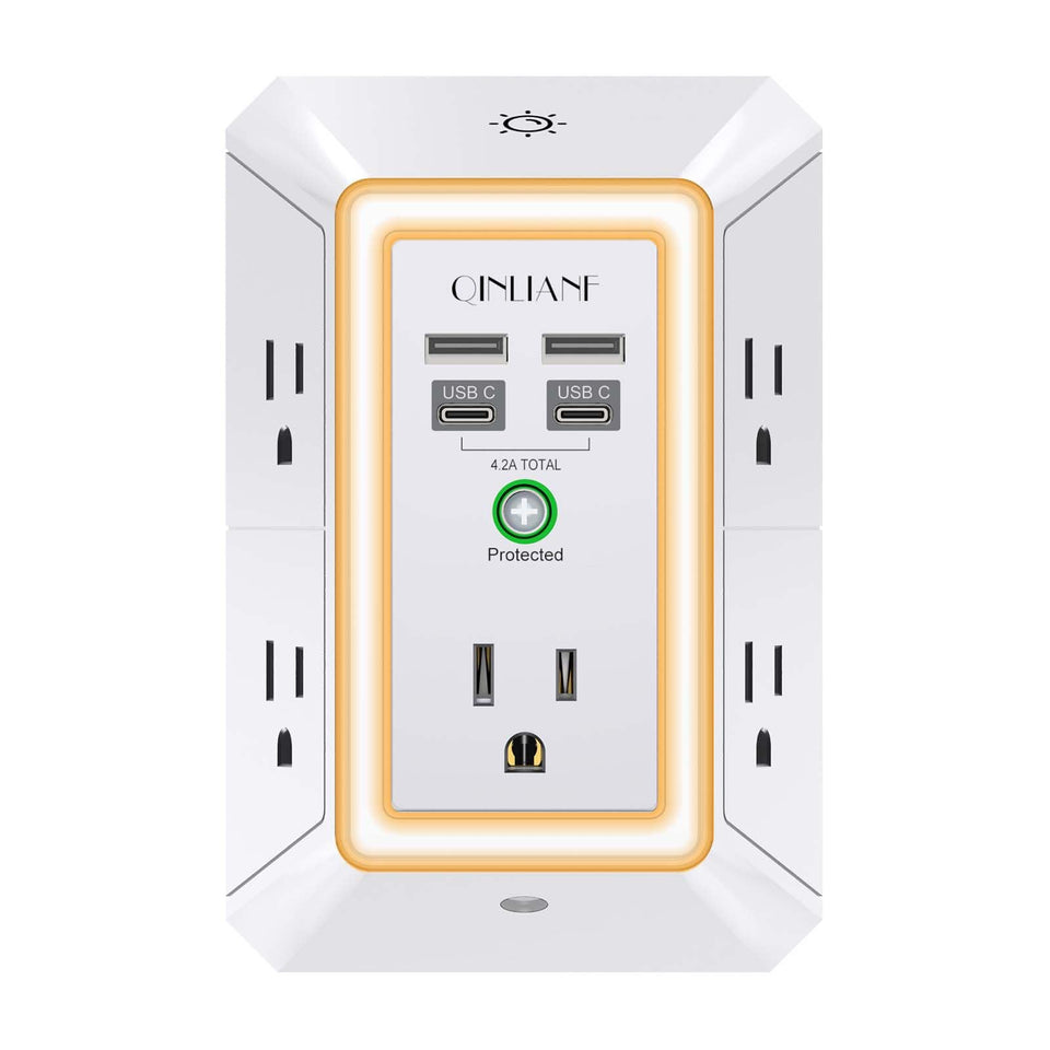 QINLIANF front view showing five outlets and four USB ports for clutter-free charging