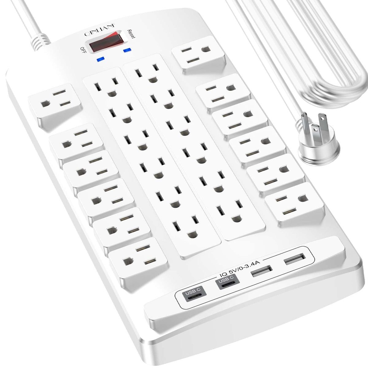 QINLIANF front view showing 24 outlets and 4 USB ports for high-capacity power
