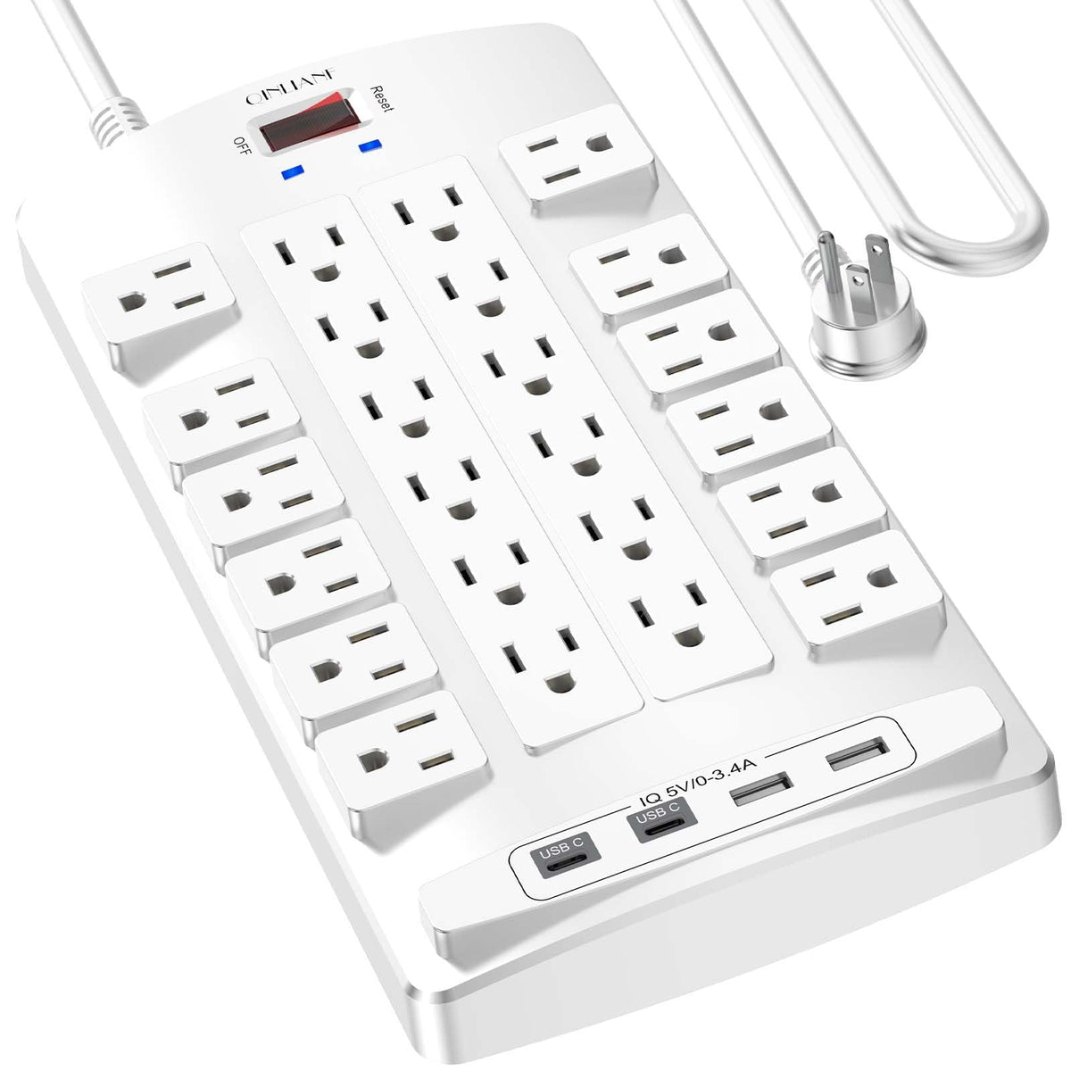 QINLIANF front view showing 24 outlets and clean white finish protecting multiple devices