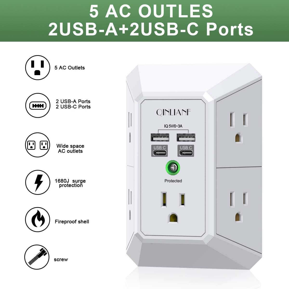 QINLIANF three-sided outlet layout eases plugging in bulky adapters.
